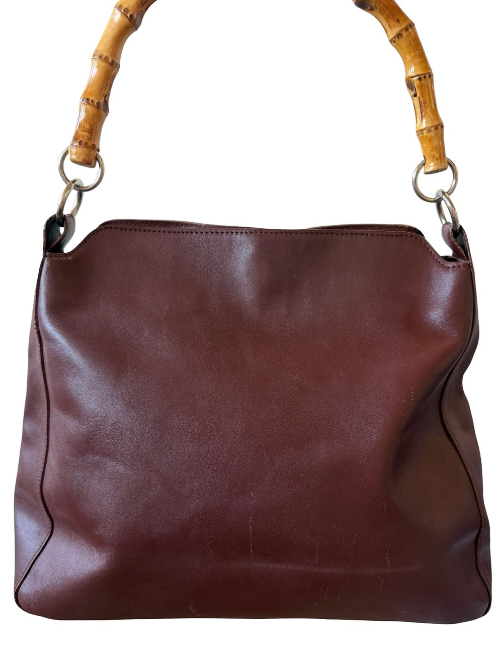 Brown Leather Shoulder Bag with Bamboo Handle Classic Style